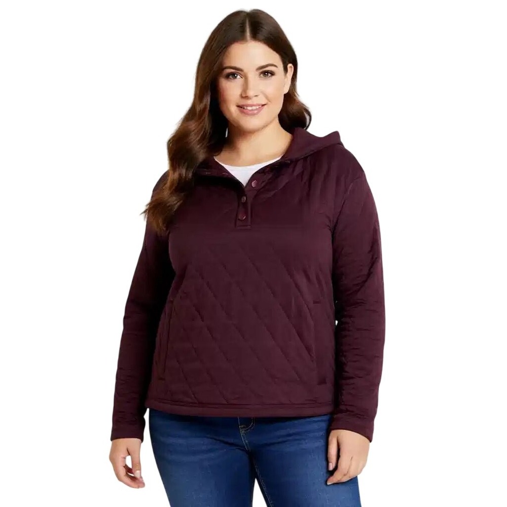 Lands' End Women Quilted Pullover Hoodie Burgundy Snap Henley Sweatshirt L NWT